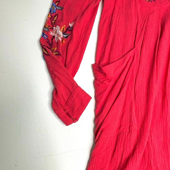 Free People Mia Red Floral Embroidered Gauze Long Sleeve Mini Swing Dress S - Picture 3 of 11